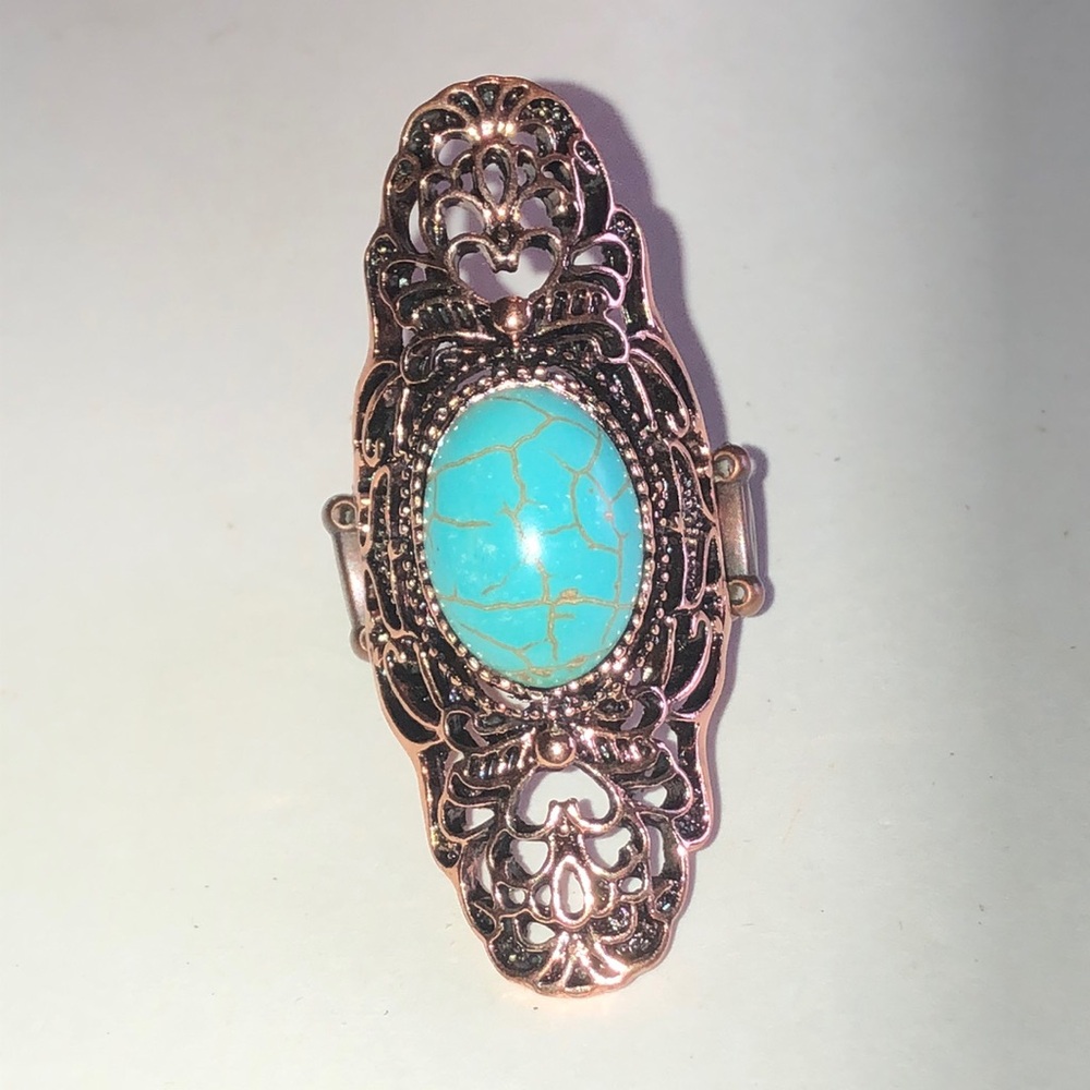 Copper Color Faux Turquoise Filigree Boho Statement Ring